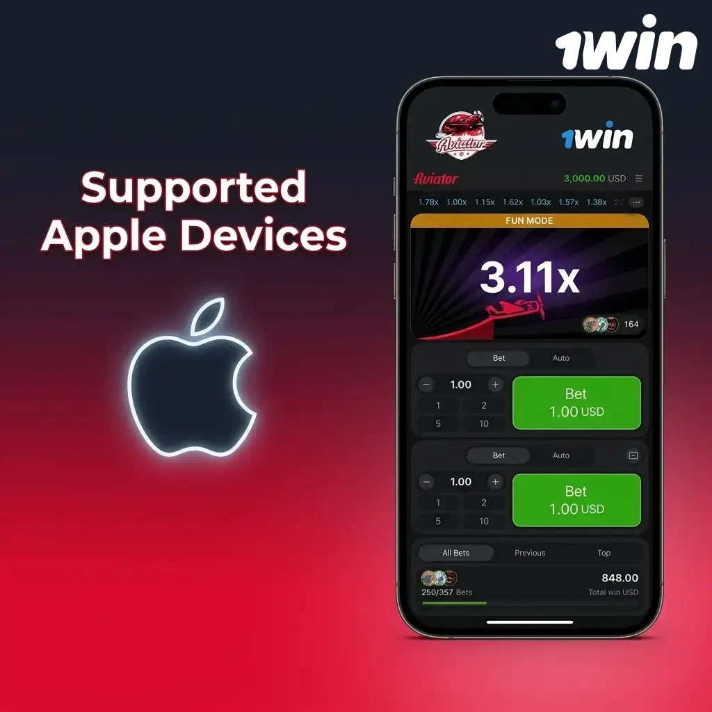 List of supported Apple devices for 1win Aviator iOS app including iPhone SE to iPhone 15 Pro Max and iPad models