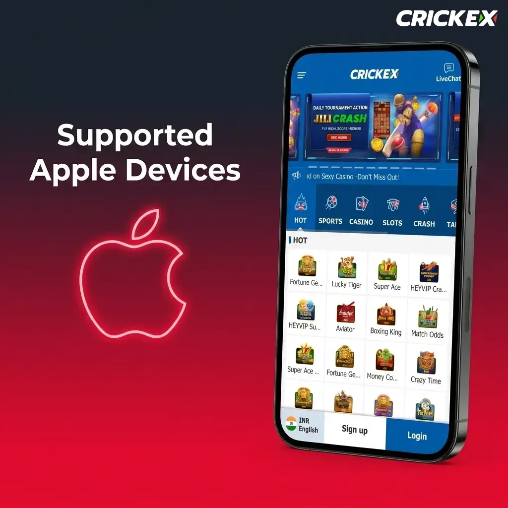Supported Apple devices for Crickex PWA app including iPhone SE to iPhone 16 and iPad models running iOS 12 or later