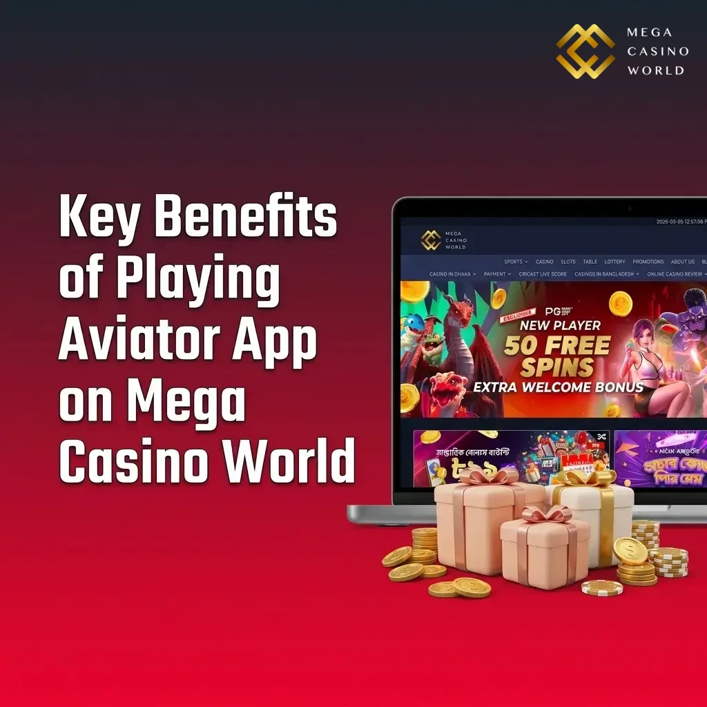 Key benefits of playing Aviator app on Mega Casino World including live chat, auto cashout, 97% RTP, and INR deposits
