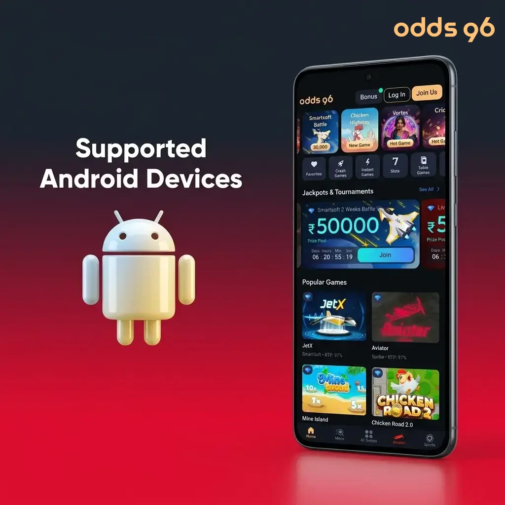 Supported Android devices for Aviator App Odds96, from budget Realme C35 to flagship Samsung Galaxy S24