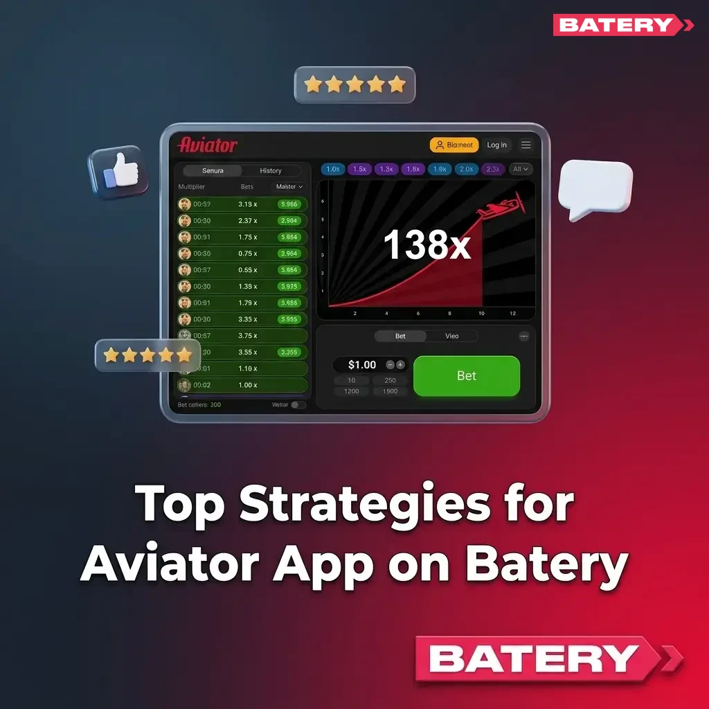 Aviator app strategies on Batery including low multiplier cash-out, dual bet split, and balance percentage betting tips